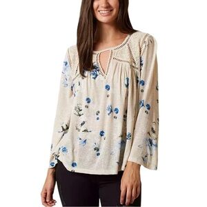 Lucky Brand Women Floral Ladder Crochet Cut-Out Long Sleeve Peasant Top Sz XS